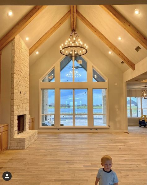 One Story Tall Ceilings, Wood Beams In Great Room, Living Room Beams Vaulted Ceiling, Living Room Trusses, Types Of Beams Ceilings, Vaulted Ceiling Without Beams, Vaulted Living Room Windows, Beam On Vaulted Ceiling, Two Over Two Windows