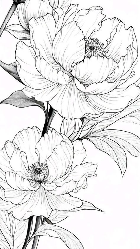 Peony And Anemone Tattoo, Peony Outline Drawing, Peony Bud Drawing, Peonies Bouquet Drawing, Flower Line Drawing Botanical Illustration, Peony Drawing Tutorial, Big Flower Drawing, Fineliner Flowers, Magnolia Flower Drawing