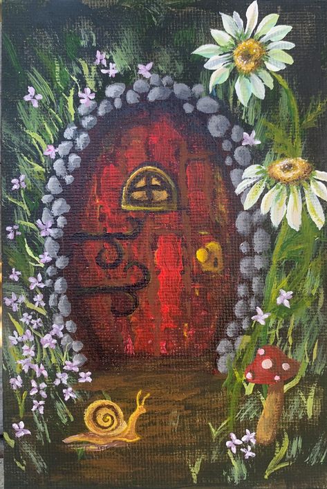 "This acrylic on canvas board packs a lot of interest in it's 4\" x 6\" size. A little window to another world. Part of a fairy door series (check for similar listings as they become available) the colors of this piece really pop against the dark of the deep forest you sense lurks beyond  While I do my best to photograph in natural lighting in the best way to represent the true colors of each piece, please note that minor variations in color when translated to an online forum are likely. If additional photos are needed to further assist in your decision, I am happy to provide them for you as soon as possible. The piece in the photos is the one you will receive unless the listing is a commission, and the piece is an example. All pieces are original and ready to ship. Items will ship within Whimsical Art Oil Pastel, Fairy Core Painting Ideas, Fairy Home Painting, Vintage Inspired Painting, Easy Fairy Painting On Canvas, Mushroom On Canvas, Fairy Garden Painting Ideas, Fairy Door Painting Ideas, Mushroom Forest Painting Easy