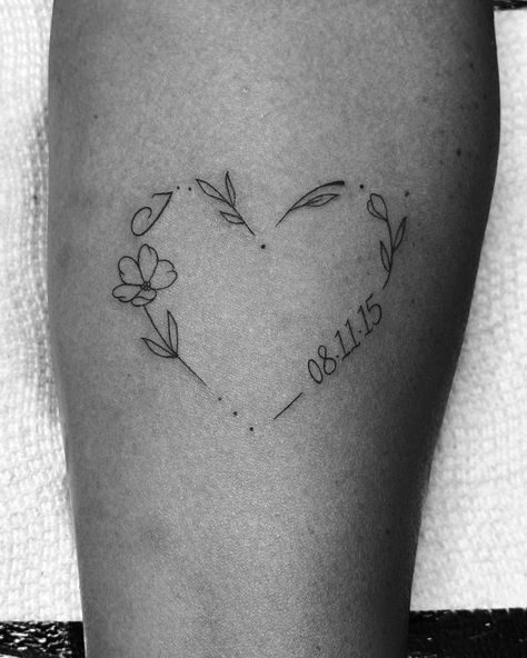 Cute dainty heart down for her kids, each of them start with a J and the dates are each the year they were born. So simple and such a nice way to represent the kids. #finelinetattoo #daintytattoo #fineline #dainty #flowerheart I Love You More Tattoo With Flower, Simple Grandparents Tattoo, Heart Birth Flower Tattoo, Heart And Date Tattoos, A And J Tattoo, Heart With Date Tattoo, Tattoos For Miscarriages Simple, Tattoos For Kids Unique, Love You More Tattoo