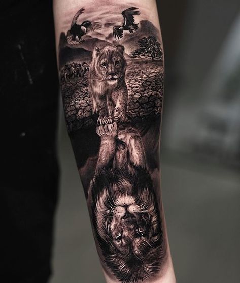 Men’s Animal Tattoo Ideas, Animal Arm Tattoo Men, Lower Arm Sleeve Tattoos Men, Lion Reflection Tattoo, Safari Tattoo Ideas, Lion Tattoo Design Forearm, Animal Tattoos For Men Forearm, Animal Forearm Tattoo, Lion Tattoo Forearm