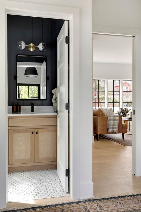 Mudroom Powder Room, Powder Room Mirror Ideas, Powder Room Tile, Powder Room Vanities, Powder Room Bathroom, Black Powder Room, Black Shiplap, Small Mudroom, Shiplap Paneling