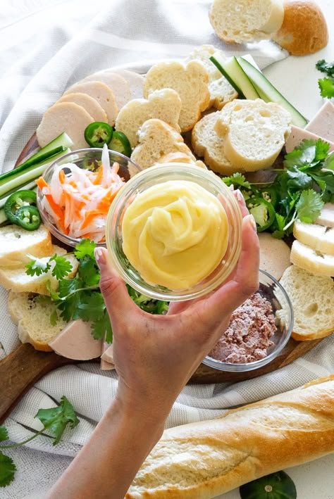 The SECRETS to my Bánh Mì Charcuterie Board (with homemade Vietnamese Mayo!) - Ta-Daa! Vietnamese Mayo Recipe, Pork Meatloaf, Vietnamese Banh Mi, Chicken Meatloaf, Bahn Mi, Asian Grocery Store, Meat Sandwich, Charcuterie Inspiration, Pickled Veggies