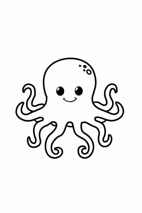 Smiling octopus line drawing, simple, black and white, suitable for children. Octopus Drawing Simple, Octopus Line Drawing, Octopus Doodle, Line Drawing Simple, Outline Pictures, Octopus Drawing, A Line Drawing, Small Mouth, Cute Octopus