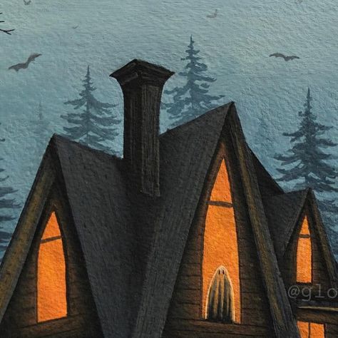 Fall House Painting, Halloween Gouache Painting, Fall Scene Painting, Gloomy Grove, Painting Haunted House, Haunted House Watercolor, Painted Haunted House, Haunted House Painting, Gouache Art For Beginners