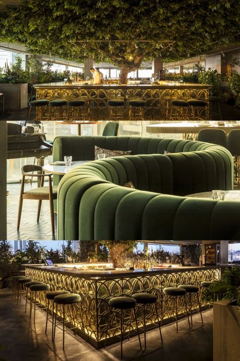 Curved Restaurant Plan, Forest Themed Restaurant, Biophilic Restaurant Design, Dark Green Restaurant Interior, Biophilic Restaurant, Resturant Interior, Green Restaurant, Jamaican Restaurant, Rooftop Restaurant Design