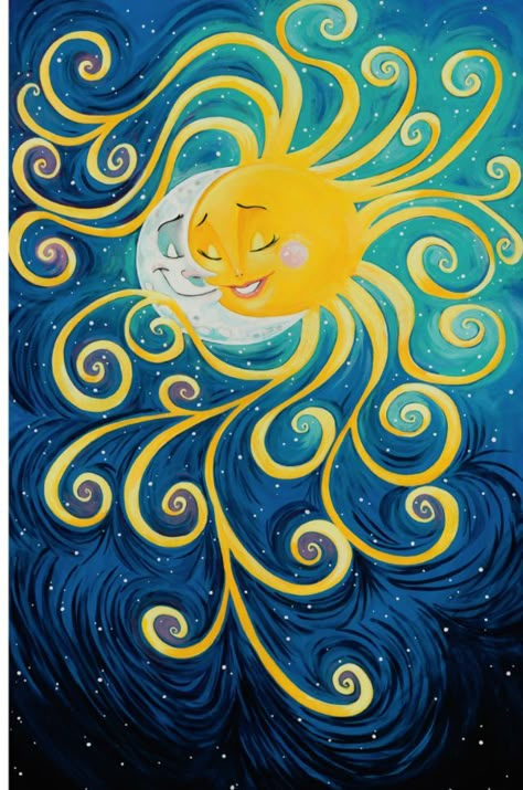 Illustration Kunst, Paint Nite, Simple Acrylic Paintings, Beginner Painting, The Night Sky, Art And Illustration, E Card, Sun And Moon, Moon Art