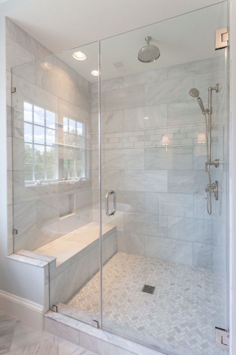 Built In Shower Seat, Marble Shower Walls, Master Shower, Bad Inspiration, Bathroom Remodel Designs, Bathroom Remodel Shower, Trendy Bathroom, Shower Remodel, Bathroom Remodel Master