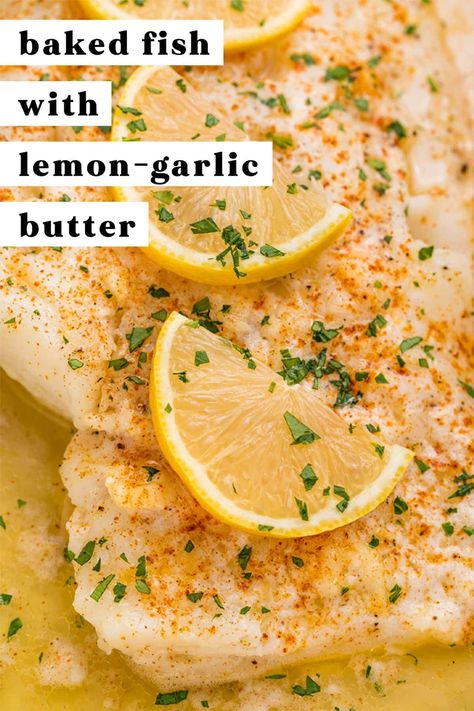 This baked fish is coated with an easy lemon-garlic butter and baked to tender perfection. So quick and easy to make but loaded with flavor. Simple but delicious. Flounder Recipes Baked, Red Snapper Recipes Baked, Snapper Recipes Baked, Grouper Fish Recipes, White Fish Recipes Healthy, White Fish Recipes Baked, Baked Grouper, Baked White Fish, Halibut Recipes Baked