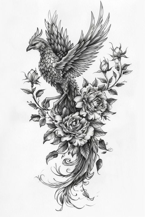 Realism Phoenix Tattoo, Phoenix And Rose Tattoo, Phoenix Sleeve Tattoo For Women, Bird Rose Tattoo, Phoenix Flower Tattoo, Phoenix Rising From Ashes Tattoo Women, Phenix Birds Tattoo, Black Phoenix Tattoo, Phoenix And Flower Tattoo