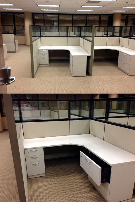 These pictures are from an installation of a FurnitureFinder client. They love them and said these cubicles are the nicest they have ever seen. These were as-is cubicles and we added glass stackers. If you are looking for used cubicles, please contact us. We have lots of options for many footprints. Send us your ideas & let's work on a design that you love & in your budget. Cubicle Design Workspaces, Glass Cubicles Office, Office Cubicle Design Work Stations, Office Layouts Business, Small Office Cubicle Design, Office Cubicles, Modern Cubicle, Cubicle Privacy Ideas, Cubical Office Space Ideas