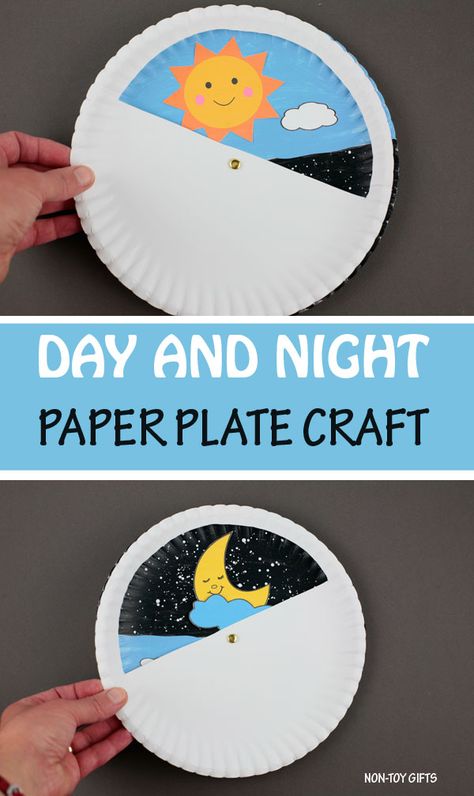 Day and night craft for preschoolers and older kids. Made as a paper plate spinning wheel, this educational craft can be paired with a Sun, Earth and Moon unit lesson. Talk about daytime and nighttime, stars and planets with kids. Interactive craft that can be paired with books #dayandnight #nightcraftkids #daycraftkids Day And Night Craft, Plate Crafts For Kids, Sun Crafts, Earth Craft, Sistem Solar, Paper Plate Crafts For Kids, Moon Crafts, Non Toy Gifts, Stars Craft