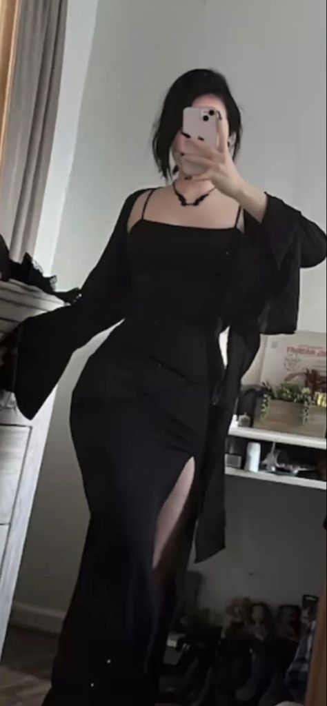 Formal Outfits For Couples, Formal Alt Outfits, Black Semi Formal Outfit, Black Dress Goth Casual, Goth Maxi Dress Outfit, Long Black Dress Goth, Whimsigothic Black Dress, Goth Bodycon Dress Outfit, Black Semi Formal