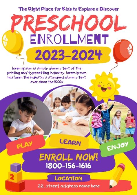 Design created with PosterMyWall Enroll Now Poster, Kindergarten Registration, School Advertising, Admissions Poster, Preschool Decor, Kindergarten Design, School Information, Social Media Poster, Teaching Practices