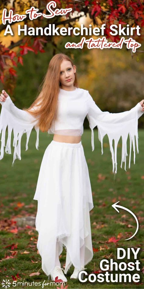 See how to make a handkerchief skirt and tattered long sleeve top to create an elegant yet eerie homemade ghost costume. #diycostume #sewing #handkerchiefskirt #ghostcostume #diyghostcostume #ghost Ghost Costume Women, Diy Bat Costume, Basic Shirts Pattern, Circle Skirt Calculator, Cat Costume Kids, Cute Cat Costumes, Ghost Dresses, Ghost Halloween Costume, Bat Costume