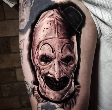 Art The Clown Tattoo, Terrifier Tattoo, Horror Movie Tattoos, Surreal Tattoo, Art The Clown, Clown Tattoo, Retro Art Prints, Movie Tattoos, Wicked Tattoos