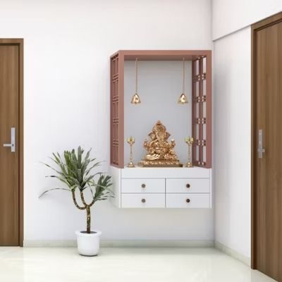 Simple Mandir Design For Home And Small Flats In 2024 - Livspace Mandir Design Small Wall Corner, Mandir For Living Room, Mandir Cabinet Design Modern, Small Puja Room Design, Temple Design For Flat, Pooja Room Design Simple, Mandir Design Small Wall, Small Mandir Ideas, Simple Temple Design For Home