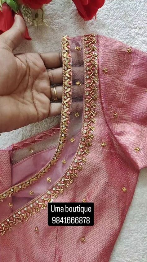 Uma Karthik | Designer blouse done for my client To get your outfit customised pls visit us in Chennai ANNANAGAR DM OR WHATSAPP FOR ENQUIRY Please be… | Instagram Silk Net Blouse Designs, Back Blouse Net Design, Bridal Pink Blouse Designs, Prabha Blouses Designs, New Aari Work Designs, Brown Blouse Aari Work, Fancy Aari Work Blouse Designs, Pink Maggam Work Blouse Designs, Pink Blouse Designs For Saree Silk