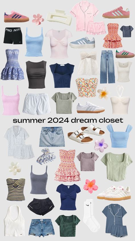 dream wardrobe 💗 #clothes #aesthetic #outfitinspo #ootd #summer #summer2024 #summer24 #fitcheck #fyp Summer Clothes Must Haves 2024, Summer Wardrobe Aesthetic, Summer Clothes Collage, Trendy Outfits For Summer Baddie, Dream Wardrobe Clothing, Dream Clothes Summer, Aesthetic Clothes Basic, Summer Outfit Board, Greece Summer Outfits