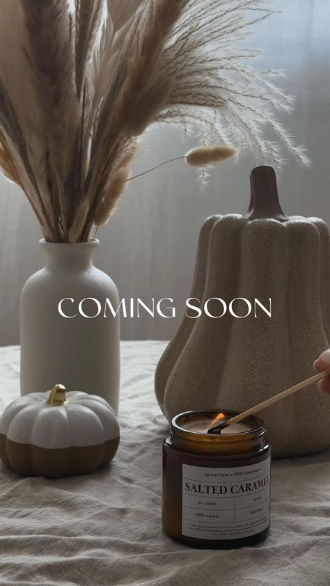 @aprioriswiss Immerse yourself in the cozy ambiance of @aprioriswiss x @SIMAhomeware coming soon scented candles, perfect for the autumn season�😍 Available in two delightful aromas: Salted Caramel and Ginger Spice. Handcrafted with care, these candles are made from 100% soy wax infused with premium oils, ensuring a long-lasting, fragrant experience. Elevate your home with the warmth of these artisanal creations✨ Coming Soon Photography, Candle Ads Creative, Candle Brand Photoshoot, Candles Aesthetic Instagram Feed, Candle Staging Ideas, Scented Candles Packaging Ideas, Product Photography Ideas Candles, Candle Photoshoot Ideas At Home, Candle Business Content Ideas