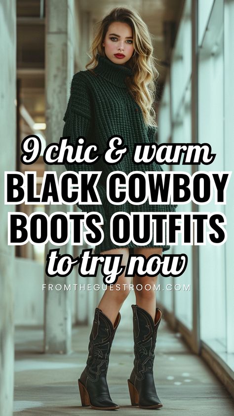 a woman wears warm outfits with black cowboy boots, western outfits Black Cowgirl Boots Outfit, Light Brown Cowboy Boots, Dresses And Cowboy Boots, Cowboy Boots Outfit Fall, Cowboy Boots Outfit Winter, Outfits Cowboy Boots, Brown Cowboy Boots Outfit, Boots Outfit Fall, Dress And Cowboy Boots Outfit