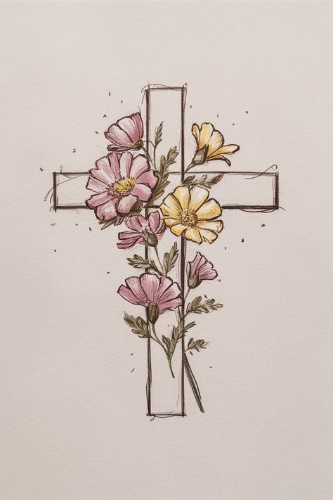 Christian Drawing cross with flowers Cross Drawings With Flowers, Christian Wall Painting Ideas, Creative Inspo Art, Creative Letters Ideas, Flower Cross Drawing, Cross And Flowers Drawing, Cross With Flowers Painting, Simple Christian Sketches, Fancy Cross Drawing