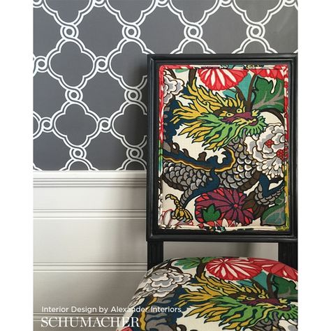 Schumacher - Chiang Mai Dragon Dragon Fabric, Schumacher Chiang Mai Dragon, Asian Living Room, Chiang Mai Dragon, Dragon Wallpaper, Wallpaper Bathroom, Chinoiserie Motifs, Art Deco Print, Schumacher Fabric