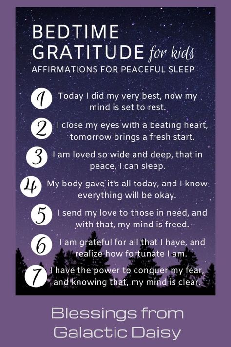 These 7 affirmations (one for each night) can bring gratitude into your kid(s) bedtime ritual. Gratitude Affirmations Before Bed, Good Night Gratitude, Night Mantra Affirmations, Bedtime Gratitude Affirmations, Bedtime Affirmations For Kids, Nighttime Gratitude, Nightly Gratitude, Bedtime Gratitude, Night Time Affirmations