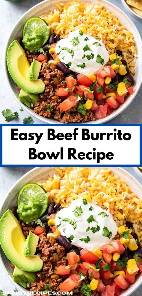 Searching for a quick beef dinner that packs a punch? This Easy Beef Burrito Bowl Recipe is not only delicious but also a breeze to whip up, ensuring a delightful meal for the entire family. Dinner Ideas Easy Beef, Beef Burrito Bowl Recipe, Tasty Ground Beef Recipes, Beef Ground Recipes, Beef Burrito Bowl, Delicious Ground Beef Recipes, Quick Ground Beef Recipes, Burrito Bowl Recipe, Beef Burrito