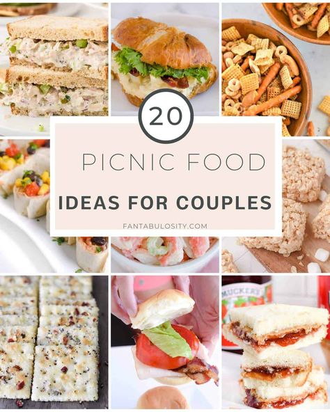 Image collage of picnic food ideas for couples. Cold Pasta Salad Recipes Easy, Indoor Picnic Date, Fall Picnic Food, Romantic Picnic Food, Beach Picnic Foods, Picnic Food Ideas, Picnic Date Food, Picnic Setup, 2 Couples