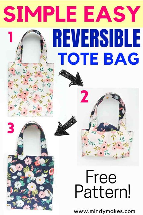 How to Sew a Reversible Tote Bag (Free Pattern) - MindyMakes Tote Bag Tutorials, Easy Tote Bag Pattern Free, Small Tote Bag Pattern, Quilted Tote Bags Patterns, Bag Free Pattern, Easy Bag, Colorful Hairstyles, Tote Bag Pattern Free, Sewing Measurements