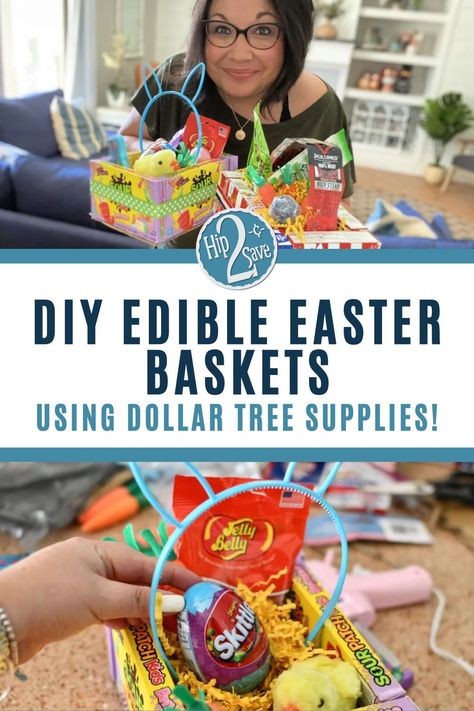 Make these adorable DIY Easter baskets using Dollar Tree supplies. These cute homemade Easter baskets are easy and fun to make while staying on a budget. Candy Box Easter Basket, Diy Crafts Easter, Edible Easter Basket, Diy Easter Baskets, Dollar Tree Easter Basket, Simple Easter Baskets, Homemade Easter Baskets, Candy Easter Basket, Diy Edible