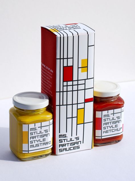 Projet: Artisan Sauces de Mme Stijl sur Behance de Kristen Parham Bauhaus Packaging, Art Deco Packaging, Packaging Company, Bauhaus Style, Logotype Design, Food Packaging Design, Computer Graphics, Creative Packaging, Packaging Labels