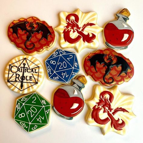 Dungeons And Dragons Cookies Decorated, D&d Cookies, Dnd Birthday Party Ideas, Dnd Baby Shower Ideas, Dice Cookies, Dnd Snacks, Dragon Party Decor, Adorable Boyfriend, Dragon Cupcakes