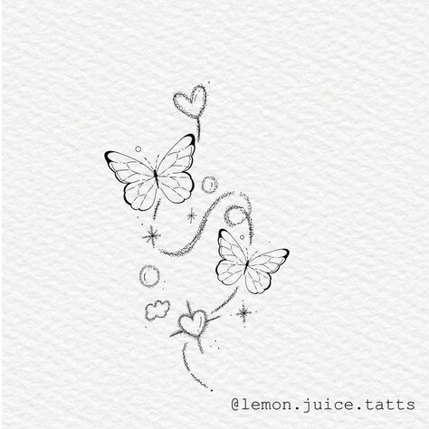 Small Tattoos With Butterflies, Butterflies In Flight Tattoo, Tiny Butterfly Tattoo With Stars, Simple Tattoos Colorful, Simple Pretty Tattoo Ideas, Butterfly Sparkles Tattoo, Sparkly Butterfly Tattoo, Cute Doodles Butterfly, Butterflies With Sparkles Tattoo