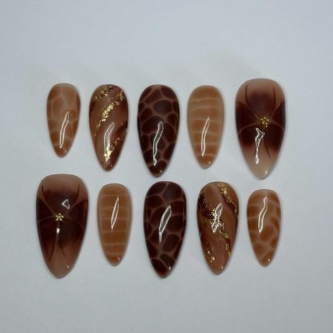 Incapcilated Nail Designs, Long Brown Almond Nails, Brown Blooming Gel Nails, Blooming Nails, Bday Nails, Blooming Gel, Brown Nails Design, Medium Almond, Alcohol Wipes