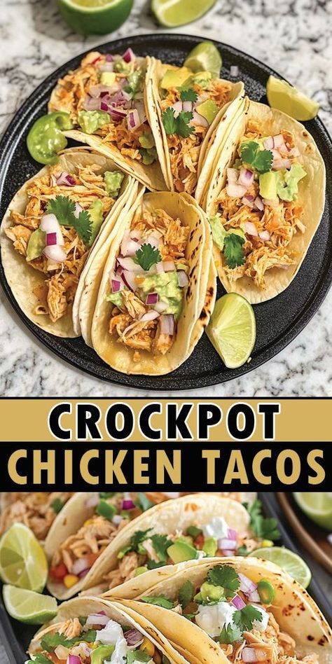 Crockpot Chicken Tacos Ingredients: 2 lbs boneless, skinless chicken breasts 1 teaspoon chili powder 1 teaspoon cumin 1 teaspoon paprika 1 teaspoon garlic powder 1 teaspoon onion powder 1 cup salsa (red or green, as preferred) Juice of 2 limes (optional) 1/2 cup chicken broth (low or no salt) #crockpot #chicken #easyrecipes #camilarecipes Low Carb Chicken Tacos Crockpot, Crockpot Tacos Recipes, Crockpot Mexican Recipes Slow Cooker Chicken Fajitas, Slow Cooker Shredded Chicken For Tacos, Juicy Crockpot Chicken, Crockpot Paprika Chicken, Street Tacos Recipe Crockpot, Chicken Thigh Recipes Tacos, Low Sodium Chicken Tacos