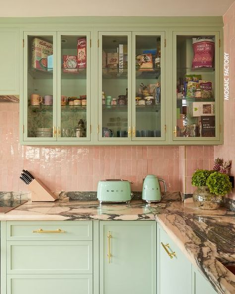 Pink Tile Backsplash, Mint Green Kitchen, Mint Kitchen, Cabinet Trends, Sage Kitchen, Pink Tile, Kitchen Cabinet Trends, Green Kitchen Cabinets, Pastel Room