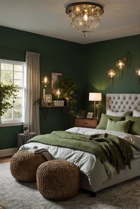 bedroom lighting ideas, ambient lighting design, bedroom lighting fixtures, LED lighting in bedrooms Green And Gold Bedroom Decor, Bedroom Ambient Lighting, Green And Gold Bedroom, Grey And Gold Bedroom, Monochromatic Living Room, Dark Green Rooms, Green Era, Austin Apartment, Gold Bedroom Decor