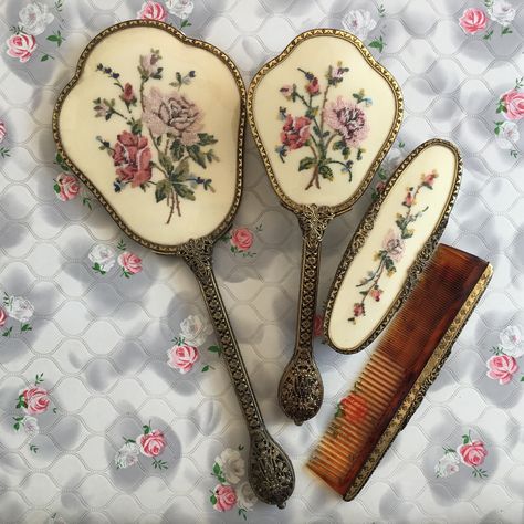 Regent of London four piece dresser vanity set with hand mirror, hairbrush, clothes brush, and comb petit point embroidered pink roses c1950 Victorian Vanity Set, Vintage Brush And Mirror Set, Vintage Hairbrush Set, Vintage Hair Brush Set, Vintage Vanity Set, Aesthetic Hairbrush, Antique Hairbrush, Hairbrush Aesthetic, Vintage Hairbrush