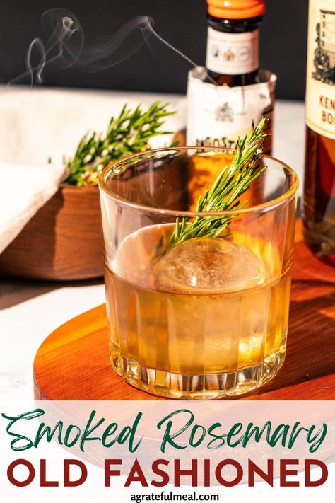 Rosemary Whiskey Cocktail, Cocktail With Rosemary Simple Syrup, Smoky Cocktails Drink Recipes, Rosemary Bourbon Cocktail, Smoked Rosemary Cocktail, Unique Old Fashioned Cocktail, Smoked Bourbon Cocktail, Rosemary Drinks Cocktails, Smokey Old Fashioned Cocktail