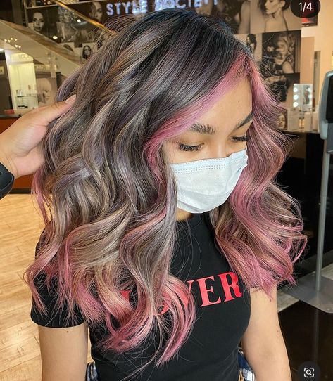 Balayage, Money Piece Brown Hair, Pink Money Piece Hair, Pink Underneath Hair, Brown Hair With Pink, Pink Peekaboo Hair, Brown And Pink Hair, Pink Hair Highlights, Pink Hair Streaks