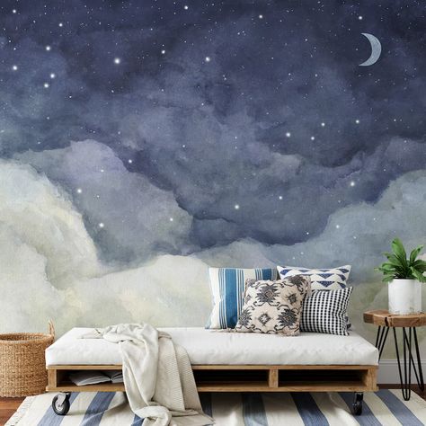 Starry Night Sky and Crescent Moon Watercolor Wall Mural Serene Bedroom Wallpaper Decor Removable Wallpaper - Etsy Night Sky Mountain Mural Nursery, Bedroom Wallpaper Decor, Night Sky Mural, Moon Bedroom, Sky Mural, Sky Nursery, Moon Watercolor, Moon Nursery, Ceiling Murals