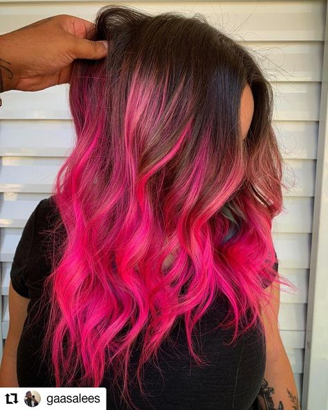 Gorgeous Hair Color Ideas for Brown Hair | Find Your Perfect Shade - short hair Neon Pink Ombre Hair, Neon Pink Balayage, Dark To Pink Ombre Hair, Black To Hot Pink Ombre Hair, Neon Pink Hair Highlights, Hot Pink Hair Ombre, Bright Pink Balayage Brunette, Ombré Hair Pink, Brown To Hot Pink Ombre Hair