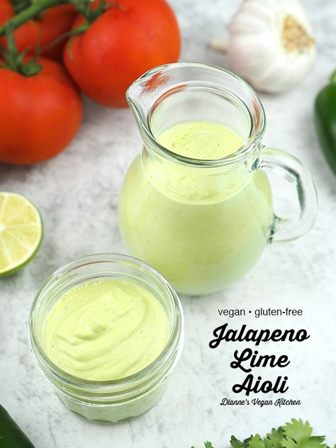 Jalapeno Lime Aioli will had a spicy kick to just about any dish! Drizzle it on tacos like hot sauce, spread in on sandwiches instead of mayonnaise, and pour it onto salads in the place of dressing. Enjoy it as a condiment on veggie burgers, baked tofu, and grilled vegetables, too. It’s so creamy, no one will realize it’s dairy-free! This easy recipe come together in just a few minutes, and it’s vegan and gluten-free. Jalapeno Lime Sauce, Jalapeno Aioli, Lime Aioli, Creamy Jalapeno, Aioli Sauce, Roasted Jalapeno, Aioli Recipe, Vegan Salads, Vegan Salad Recipes