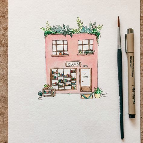 Cafe Watercolor Painting, Cafe Watercolor, Library Illustration, Watercolor Painting Easy, Artwork Watercolor, Library Art, Watercolor Architecture, Painting Easy, Watercolor Paintings Easy