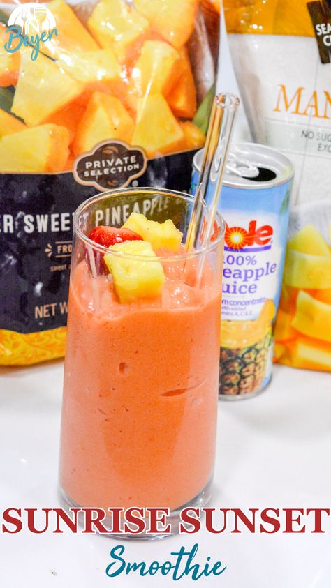 Tropical Smoothie Sunrise Sunset Smoothie is easy to make with frozen pineapple, mango, and strawberries for a great made at home smoothie. Portable Blender Recipes, Sunrise Sunset Smoothie, Sunset Smoothie, Mango Strawberry Smoothie, Pineapple Mango Smoothie, Ninja Smoothie Recipes, Lush Desserts, Sunrise Smoothie, Ginger Ale Recipe