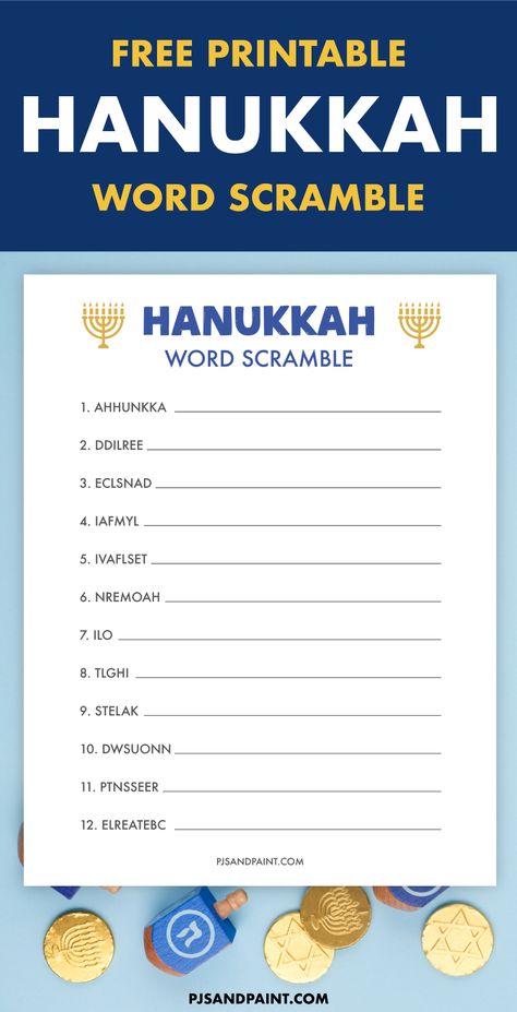 free printable hanukkah word scramble Free Hanukkah Printables, Hanukkah Printables, Hanukkah Games, Long Words, Hanukkah Game, Photo Booth Printables, Mother's Day Banner, Mother's Day Printables, Christmas Science