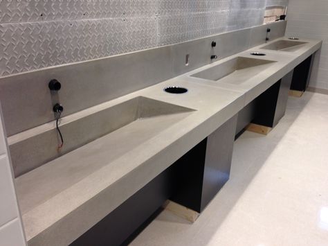 Natural grey extended concrete trough sink Industrial Sink Bathroom, Trough Sink Bathroom, Concrete Sinks, Commercial Bathroom, Unique Bathroom Vanity, Custom Bathroom Vanity, Restroom Design, Trough Sink, Toilet Sink