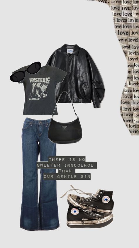 downtown, girl, downtown girl, flared jeans, converse, baby tee, leather jacket, outfit, inspo Jeans Converse Outfit, Converse Baby, Jeans Converse, Leather Jacket Outfit, Leather Jacket Girl, Jeans And Converse, Downtown Girl, Leather Jacket Outfits, Outfits With Converse